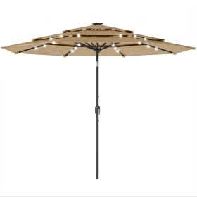 9.7 ft Outdoor Patio Umbrella with Solar LED Lights, 3 Tier Outdoor Table Umbrella with Tilt, Crank, Khaki