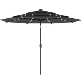 9.7 ft Outdoor Patio Umbrella with Solar LED Lights, 3 Tier Outdoor Table Umbrella with Tilt, Crank, Black