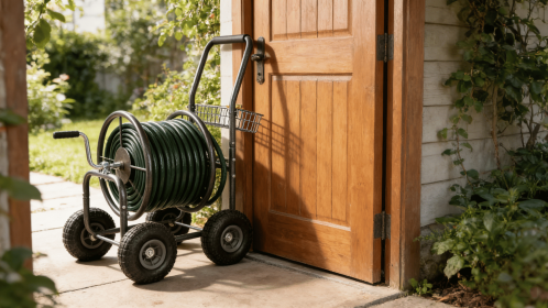 Garden Hose Reel Cart - 4 Wheels Portable Garden Hose Reel Cart with Storage Basket Rust Resistant Heavy Duty Water Hose Holder