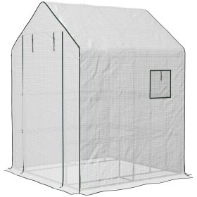 4.6' x 4.7' Portable Greenhouse, Water/UV Resistant Walk-In Small Outdoor Green House with 2 Tier U-Shaped Flower Rack Shelves, Roll Up Door & Wi