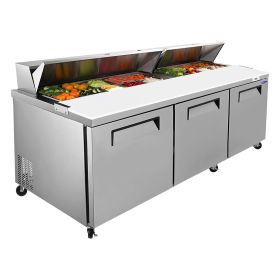 Orikool 72 IN Commercial Refrigerators Sandwich&Salad Prep Table with a Butcher Block Cutting Board, Protection Lid, Cold Storage, ETL Certified