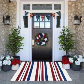 1pc 4th Of July Patriotic Door Mat - Blue White Red Striped Welcome Mat With Stars & Stripes Design, Durable Non-Woven Fabric & Rubber Backing, H (Option: 24inchesx16inches)